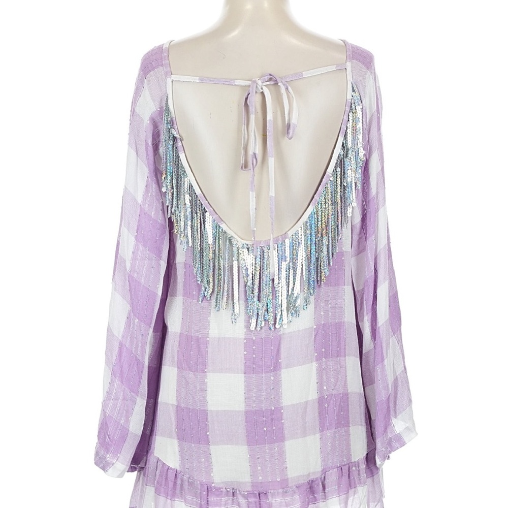 Sundress NWT Indiana Purple Checkered Open-Back tassel mini Dress size S - Picture 3 of 3